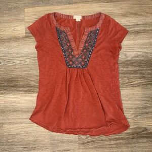 Anthro Meadow Rue Top Womens Small Orange Boho Embroidered Peasant Tee